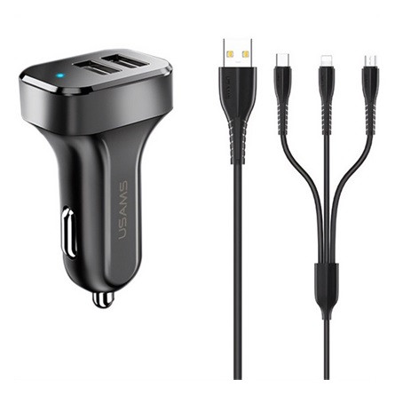 Usams King TU C13 10W univerzális autós töltő adapter fekete (Lightning/microUSB/USB-C kábel)