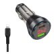 HOCO autós töltő USB+Type-C aljzat 48W, LED kijelző + lightning kábel, FEKETE