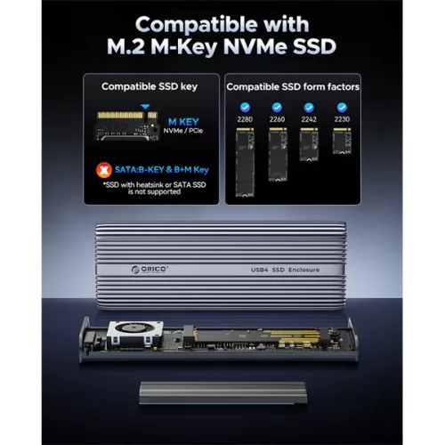 Orico Külső M.2 ház - ACOM2-U4-GY (USB-C 4-> M.2 NVMe, Max.: 8TB, 40 Gbps, szürke)