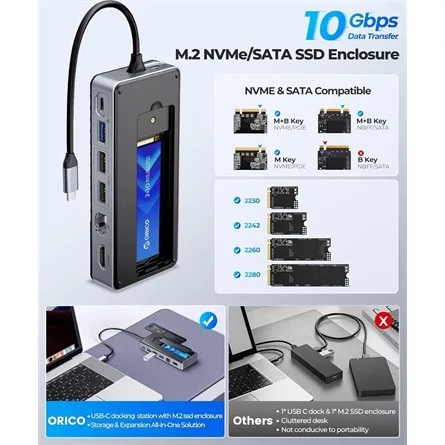 Orico Notebook Dokkoló - OM28PR-G2-BK (Bemenet: USB-C, Kimenet: HDMI/USB-A+C/RJ45/M.2/PD100W, sötétszürke)