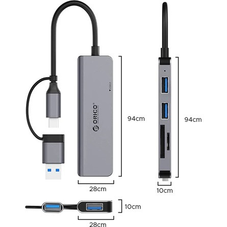 Orico USB Hub - YSA6-U3-GY (4 port, Bemenet: USB-A/C, Kimenet: 1xUSB-A 3.0, 2xUSB-A 2.0, SD/TF ezüst)