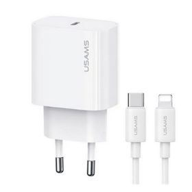   USAMS T65 hálózati töltő Type-C aljzat 20W, PD gyorstöltő + lightning kábel, FEHÉR