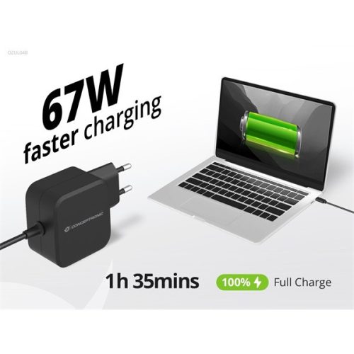 Conceptronic Univerzális Töltő adapter - OZUL04BE (USB-C, 67W, 3,3-21V, fekete, 1,8m)