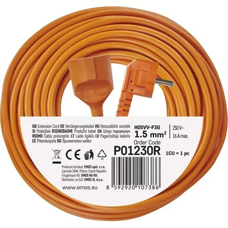 Emos P01230R 30m/ 1aljzat/narancssárga/PVC/250V/1,5mm2 hosszabbító
