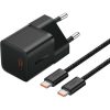 Baseus GaN5 Mini hálózati gyorstöltő 20W, USB Type-C, fekete + 100W USB Type-C, 1m kábel