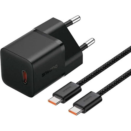 Baseus GaN5 Mini hálózati gyorstöltő 20W, USB Type-C, fekete + 100W USB Type-C, 1m kábel