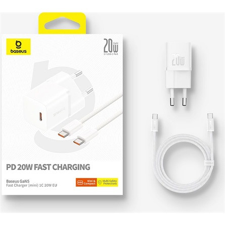 Baseus GaN5 Mini hálózati gyorstöltő 20W, USB Type-C, fehér + 100W USB Type-C, 1m kábel