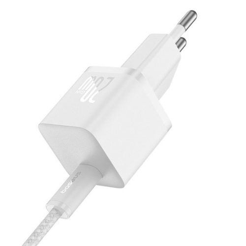 Baseus GaN5 Mini hálózati gyorstöltő 20W, USB Type-C, fehér + 100W USB Type-C, 1m kábel
