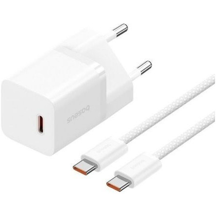 Baseus GaN5 Mini hálózati gyorstöltő 30W, USB Type-C, fehér + 100W USB Type-C, 1m kábel