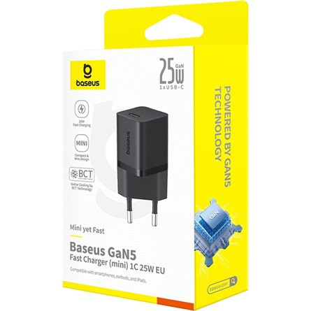 Baseus GaN5 Mini hálózati gyorstöltő 25W, USB Type-C, fekete
