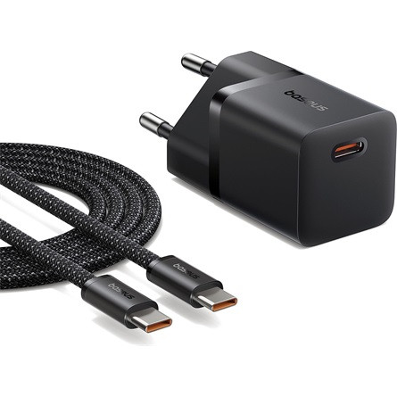 Baseus GaN5 Mini hálózati gyorstöltő 25W, USB Type-C, fekete + 100W USB Type-C, 1m kábel