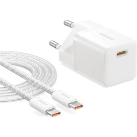   Baseus GaN5 Mini hálózati gyorstöltő 25W, USB Type-C, fehér + 100W USB Type-C, 1m kábel