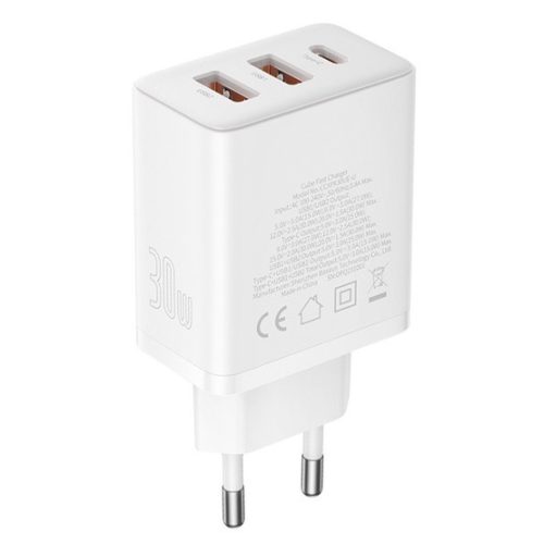 Baseus Cube hálózati gyorstöltő 30W, USB Type-C + 2×USB Type-A, fehér