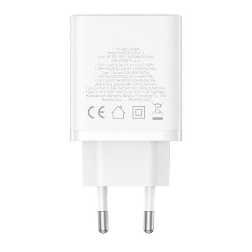 Baseus Cube hálózati gyorstöltő 30W, USB Type-C + 2×USB Type-A, fehér
