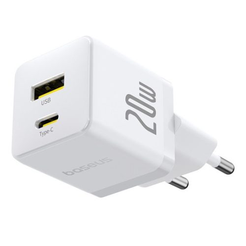 Baseus Palm hálózati gyorstöltő 20W, USB Type-C + USB Type-A, fehér