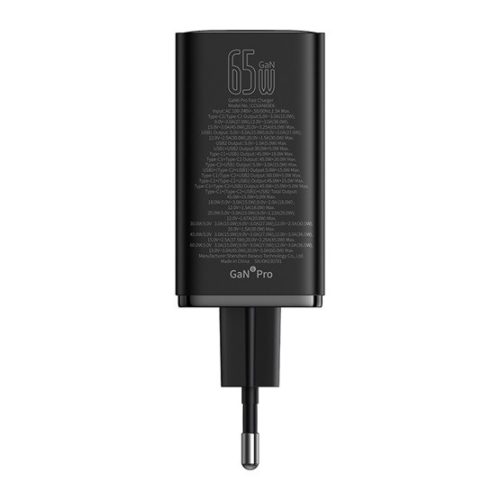 Baseus GaN6 Pro hálózati gyorstöltő 65W, 2×USB Type-C + 2×USB Type-A, fekete + 100W USB Type-C, 1m kábel