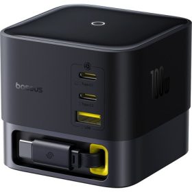  Baseus Super GaN töltőállomás 100W, 1×USB Type-A + 2×USB Type-C + USB Type-C automata behúzós kábel, fekete