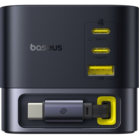 Baseus Super GaN töltőállomás 100W, 1×USB Type-A + 2×USB Type-C + USB Type-C automata behúzós kábel, fekete