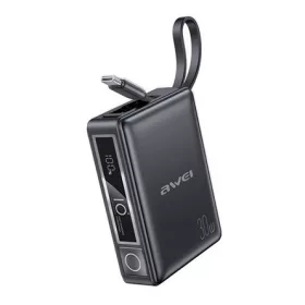   AWEI P87K vésztöltő USB+Type-C aljzat (10000mAh, 30W, PD gyorstöltő + fix Type-C kábel) FEKETE