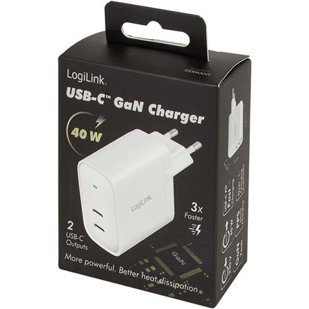 LogiLink USB tápcsatlakozó adapter, 2x USB-C port (PD), GaN-technológia, 40 W