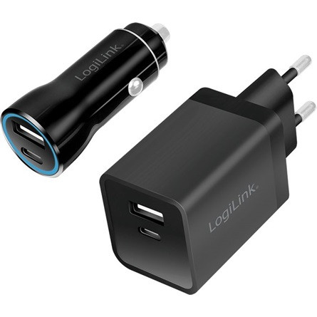 Logilink USB töltőkészlet, autós és váltóáramú, USB-C/F + USB-A/F, 5 V/15 W, fekete