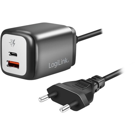 Logilink Kettős USB-csatlakozós adapter, GaN, 1x USB-A, 1x USB-C, 30 W, rögzített kábel