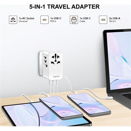 LogiLink PA0357 Travel 2500W univerzális hálózati töltő adapter fehér