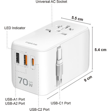 LogiLink PA0357 Travel 2500W univerzális hálózati töltő adapter fehér