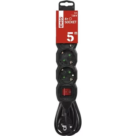 Emos PC1425R 5m/ 4aljzat/kapcsolós/fekete/PVC/1,5mm2 hosszabbító