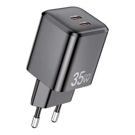 AWEI PD65-EU hálózati töltő 2 Type-C aljzat 35W, PD gyorstöltő, FEKETE