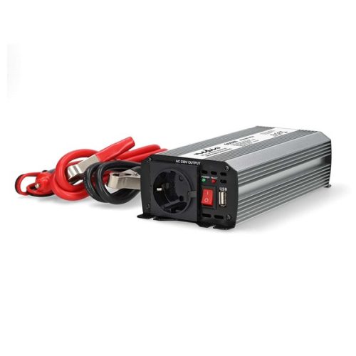 Nedis PIM60012FGY 12V DC - 230V AC inverter, 600W, Csúcsteljesítmény: 1200 W, csatlakozás: szivargyújtós, akku csipesz