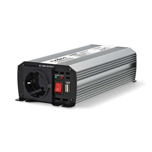 Nedis PIM60012FGY 12V DC - 230V AC inverter, 600W, Csúcsteljesítmény: 1200 W, csatlakozás: szivargyújtós, akku csipesz