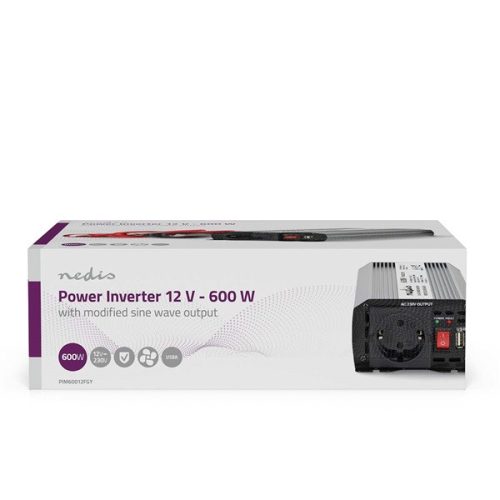 Nedis PIM60012FGY 12V DC - 230V AC inverter, 600W, Csúcsteljesítmény: 1200 W, csatlakozás: szivargyújtós, akku csipesz