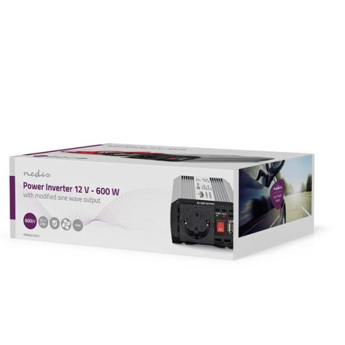 Nedis PIM60012FGY 12V DC - 230V AC inverter, 600W, Csúcsteljesítmény: 1200 W, csatlakozás: szivargyújtós, akku csipesz