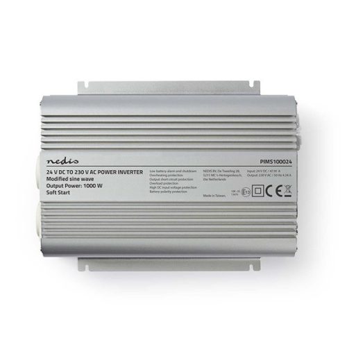 Nedis PIMS100024 24V DC - 230V AC inverter, 1000W, csúcsteljesítmény: 2400 W, akkumulátorsaru csatlakozás