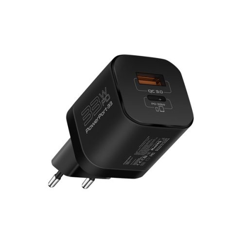 Promate Telefon töltő adapter - POWERPORT 33 (1xUSB-A, 1xUSB-C, 30W PD, QC3.0, fekete)