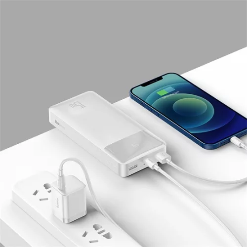BASEUS BIPOW vésztöltő 2 USB+Type-C+microUSB aljzat (20000mAh, 15W, PD gyorstöltő, LED kijelző) FEHÉR