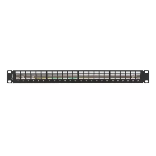 Lanberg Üres patch panel 24 port 1U 19" FTP, árnyékolt, tehermentesítővel, fekete