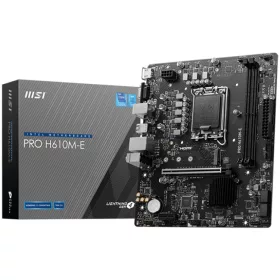   MSI PRO H610M-E, mATX, LGA 1700, Dual Channel DDR5 5600+MHz, 1x PCIe x16 slot, 1x M.2 slot, 1x HDMI, 1x VGA, 2x USB 3.2 Gen 1, 4x USB 2.0, 7.1 HD Audio, Realtek ALC897 Codec, 3Y
