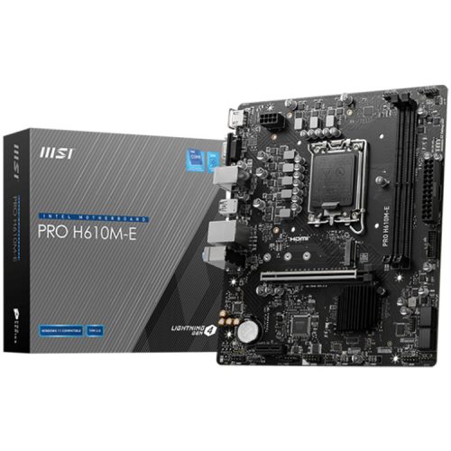 MSI PRO H610M-E, mATX, LGA 1700, Dual Channel DDR5 5600+MHz, 1x PCIe x16 slot, 1x M.2 slot, 1x HDMI, 1x VGA, 2x USB 3.2 Gen 1, 4x USB 2.0, 7.1 HD Audio, Realtek ALC897 Codec, 3Y