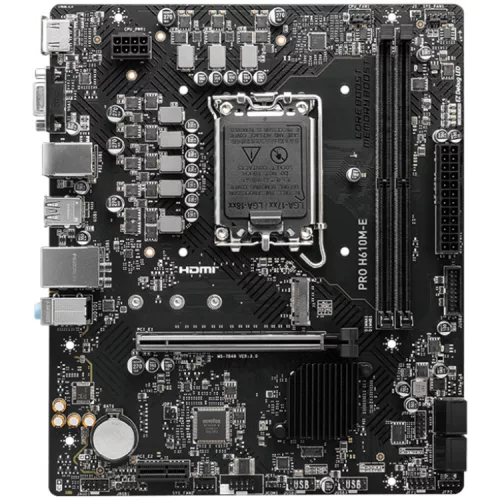 MSI PRO H610M-E, mATX, LGA 1700, Dual Channel DDR5 5600+MHz, 1x PCIe x16 slot, 1x M.2 slot, 1x HDMI, 1x VGA, 2x USB 3.2 Gen 1, 4x USB 2.0, 7.1 HD Audio, Realtek ALC897 Codec, 3Y