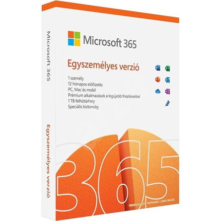 Microsoft 365 egyszemélyes verzió 1 Felhasználó 5 eszköz 1 év BOX P8 irodai szoftver