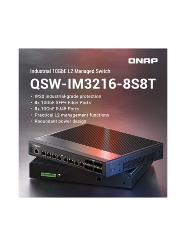 QNAP QSW-IM3216-8S8T, fan less industrial design, 8 ports 10GbE RJ45, 8 ports 10GbE S