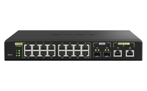 QNAP QSW-M2116P-2T2S, 16 ports 2.5GbE RJ45 with PoE 802.3at(30W), 2 ports 10GbE SFP+,