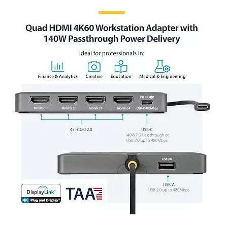 StarTech USB-C -> 4db HDMI 2.0 1db USB-C 1db USB-A 2.0 M/F adapter 0.2m szürke