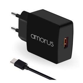   AMORUS K6 hálózati töltő USB aljzat 15W, PD gyorstöltő 3.0 + Type-C kábel, FEKETE