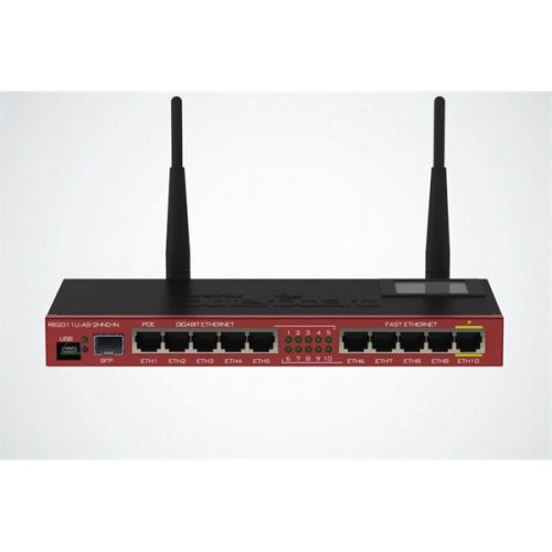 Mikrotik Router WiFi N - RB2011UIAS-2HND-IN (300Mbps@2,4GHz; 8port 1Gbps + 5port 1Gbps; USB; passzív PoE)