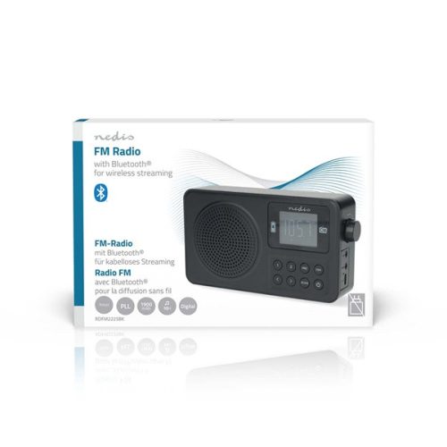 Nedis RDFM2225BK hordozható FM rádió, digitális hangolás, Bluetooth, Fejhallgató kimenet, Ébresztőóra, akkumulátor