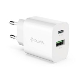   DEVIA SMART hálózati töltő USB+Type-C aljzat 20W, PD gyorstöltő, FEHÉR