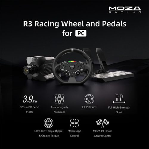 Moza Racing kormány - R3 PC Szimulátor szett (Direct Drive, R3 bázis, ES kormány, SR-P Lite pedál, bilincs)